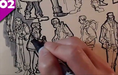 sketching on location crowd scene