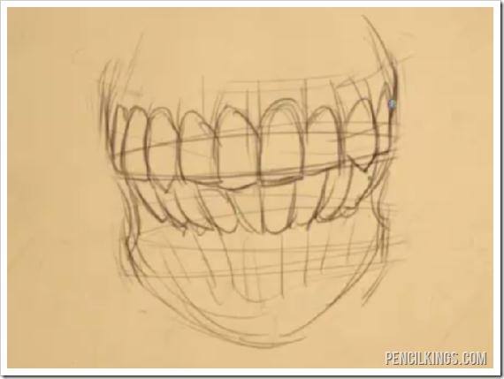 drawing the mouth teeth in skull sketch